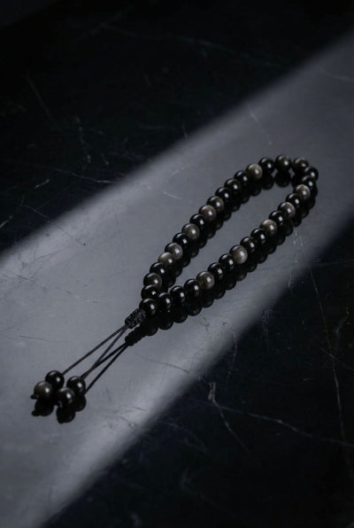 Obsidyen Doğal Taş 6 mm Tesbih & Makrome Bileklik – Uyumlu Set