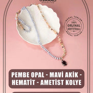Pembe Opal-Mavi Akik-Hematit-Ametist Doğal Taş Kolye