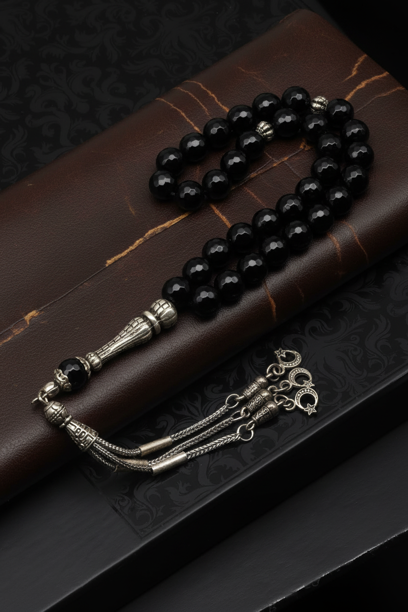 Oniks Doğal Taş Tesbih – 8 mm Fasetli Küre Kesim