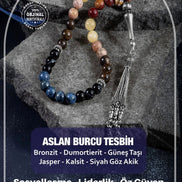 Aslan Burcu Tesbih Bronzit, Dumortierit, Güneş Taşı, Jasper, Kalsit, Siyah Göz Akik