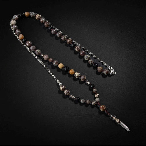 Erkek Kolyesi Fosil Mercan-Şungit-Meksika Jasper-Hematit Doğal Taş Gümüş Tasarım Kolye