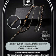 Erkek Kolyesi Fosil Mercan-Şungit-Meksika Jasper-Hematit Doğal Taş Gümüş Tasarım Kolye