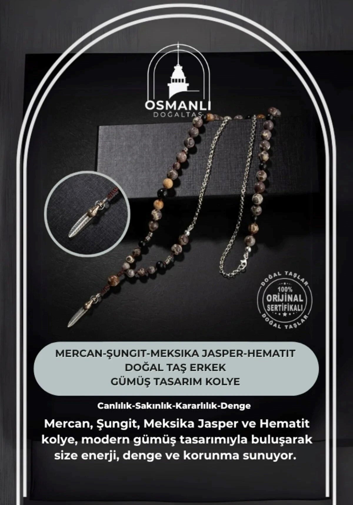 Erkek Kolyesi Fosil Mercan-Şungit-Meksika Jasper-Hematit Doğal Taş Gümüş Tasarım Kolye