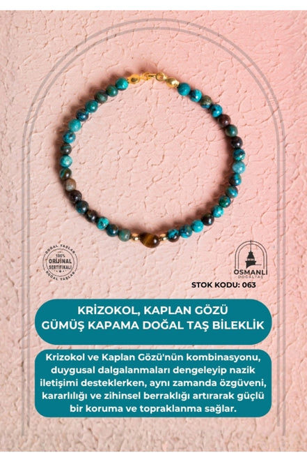 Sertifikalı Krizokol, Kaplan Gözü Gümüş Kapama Doğal Taş Bileklik (SK:063)