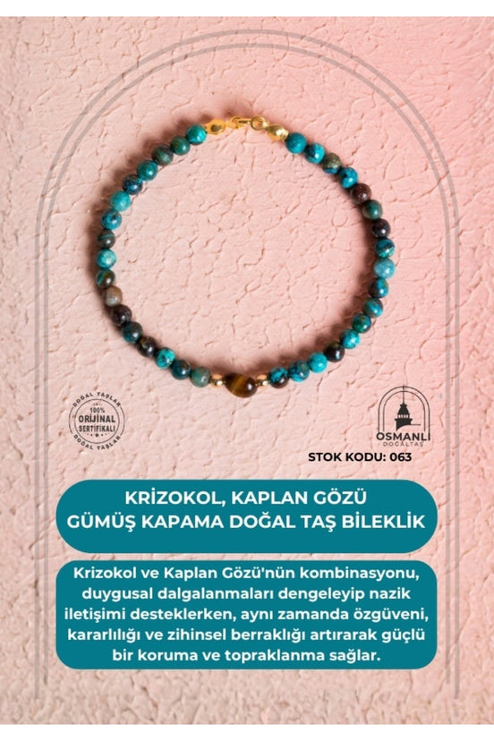 Sertifikalı Krizokol, Kaplan Gözü Gümüş Kapama Doğal Taş Bileklik (SK:063)