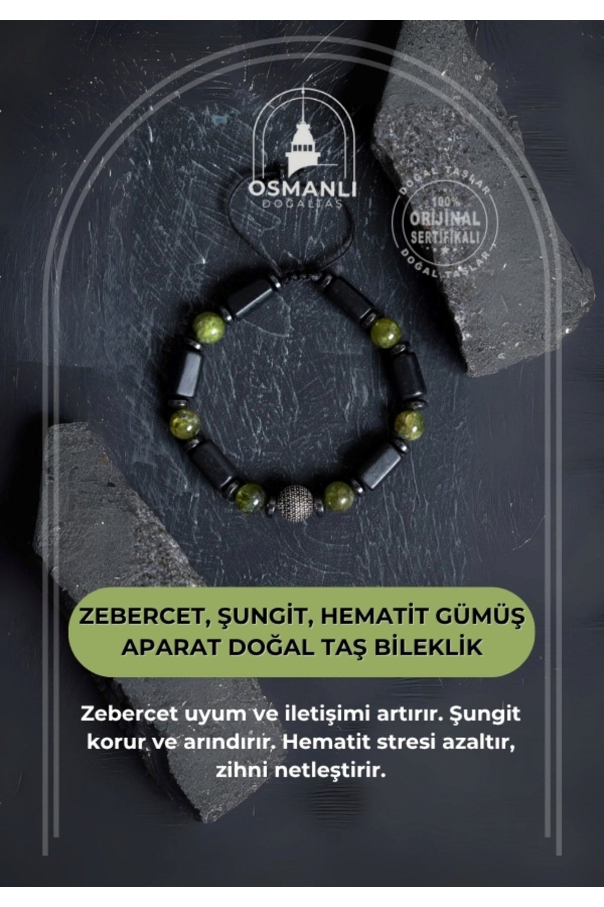 Sertifikalı Zebercet, Şungit, Hematit Gümüş Aparat Doğal Taş Bileklik