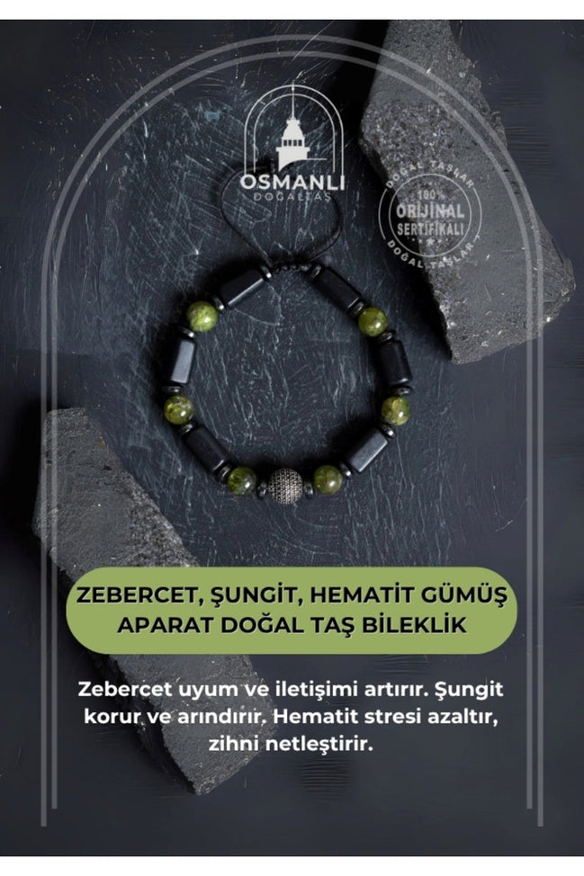 Sertifikalı Zebercet, Şungit, Hematit Gümüş Aparat Doğal Taş Bileklik