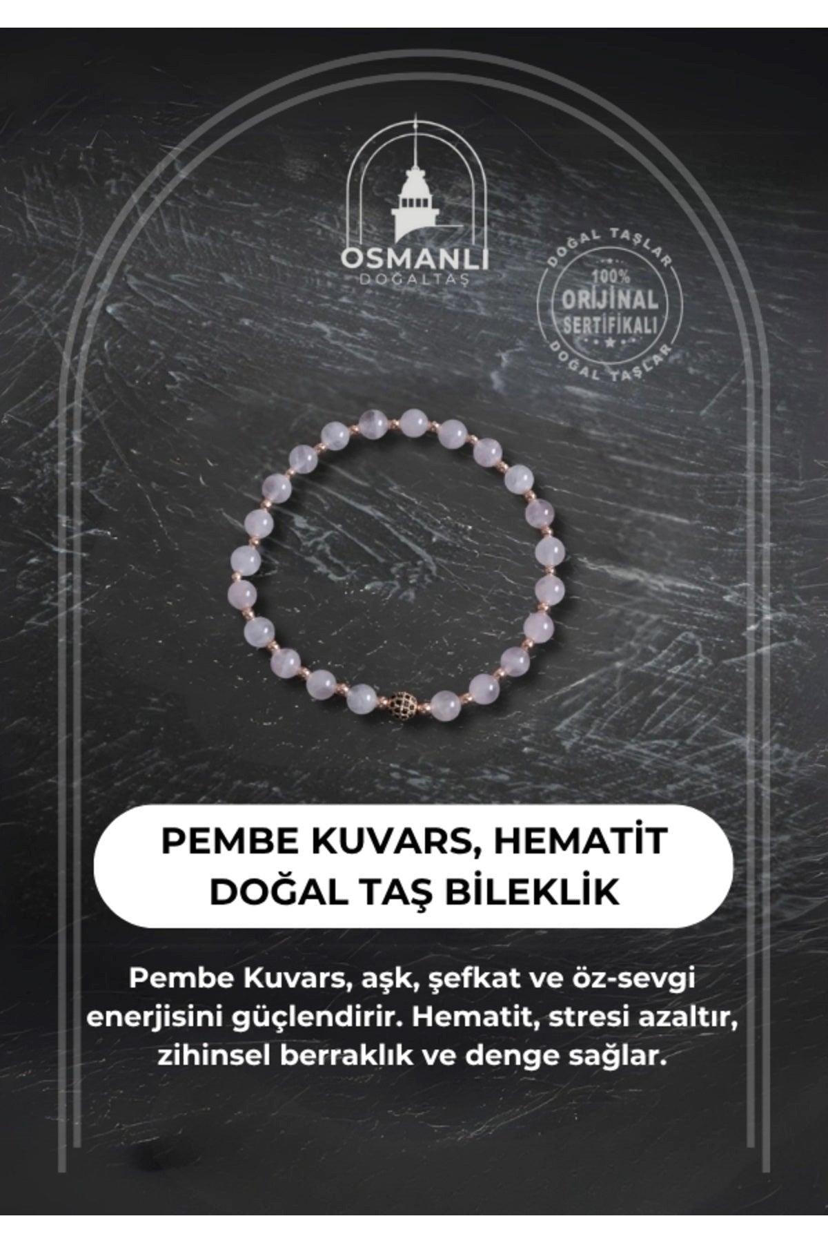 Pembe Kuvars ve Hematit Doğal Taş Bileklik