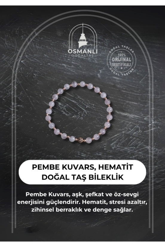 Pembe Kuvars ve Hematit Doğal Taş Bileklik
