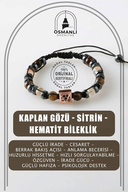 Erkek Bilekliği Kaplan Gözü-Sitrin-Hematit Doğal Taş Erkek Zirkon Bileklik