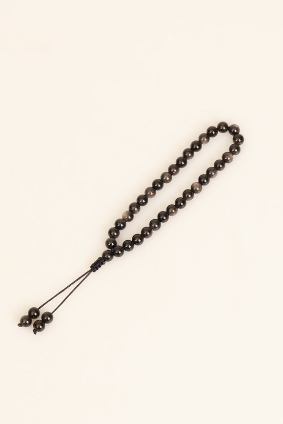 Obsidyen Doğal Taş 6 mm Tesbih & Makrome Bileklik – Uyumlu Set