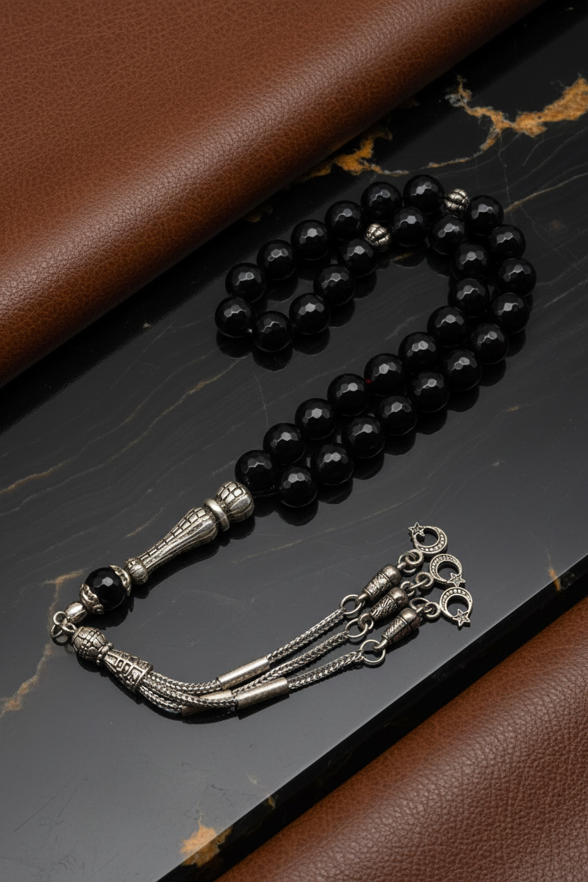 Oniks Doğal Taş Tesbih – 8 mm Fasetli Küre Kesim