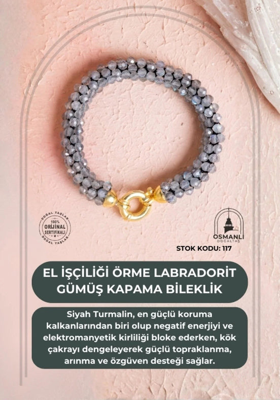 El İşçiliği Örme Labradorit  Gümüş  Kapama Bileklik (SK:117)