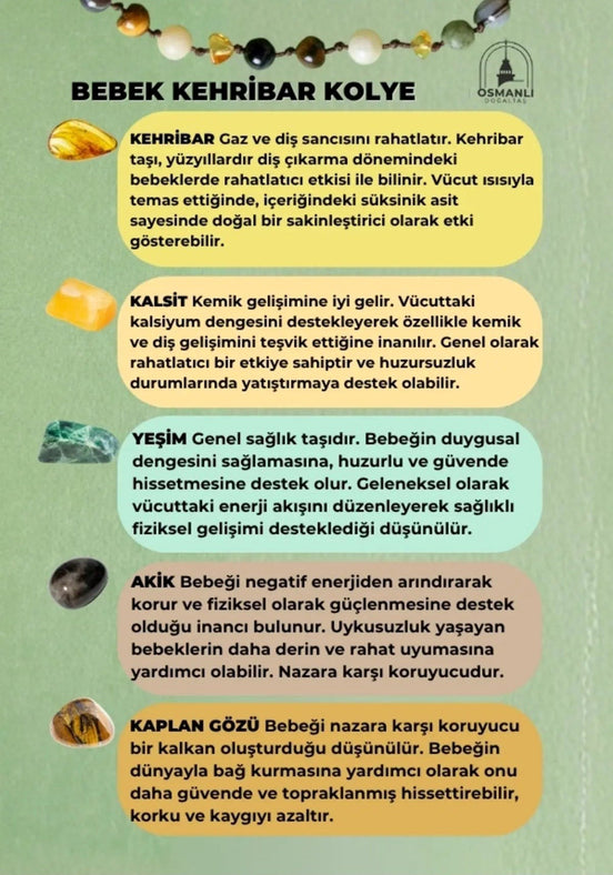 Bebek Kehribar Kolye Kehribar - Yeşim - Kaplan Gözü - Kahve Göz Akik- Kalsit