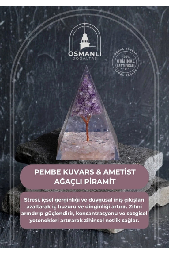 Pembe Kuvars & Ametist Ağaçlı Piramit