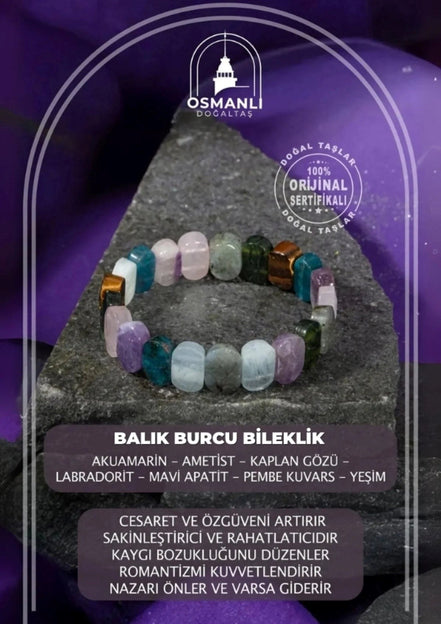 Balık Burcu Bileklik Akuamarin, Ametist, Kaplan Gözü, Labradorit, Mavi Apatit, Pembe Kuvars, Yeşim