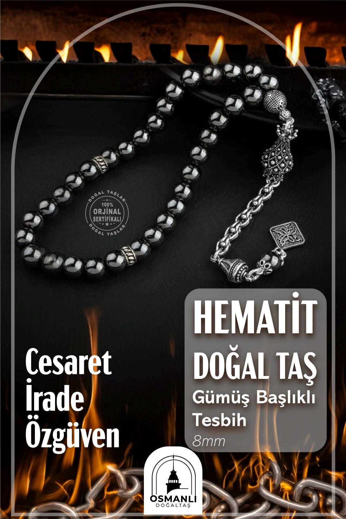 Hematit Doğal Taş 8mm Gümüş İmameli Tesbih