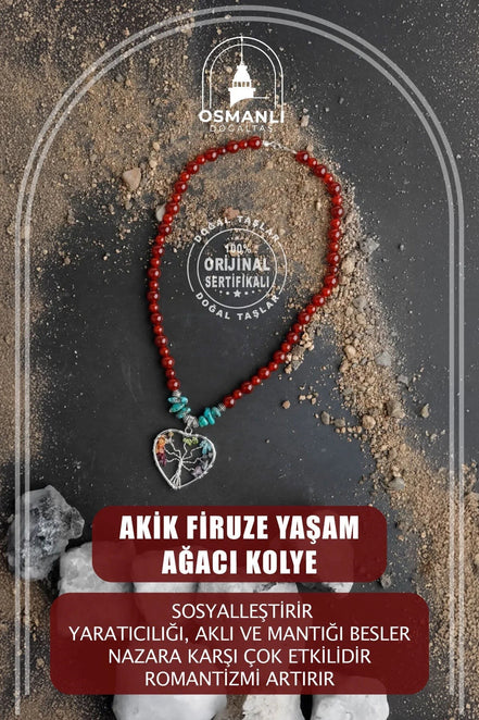 Akik Firuze Yaşam Ağacı Doğal Taş Kolye