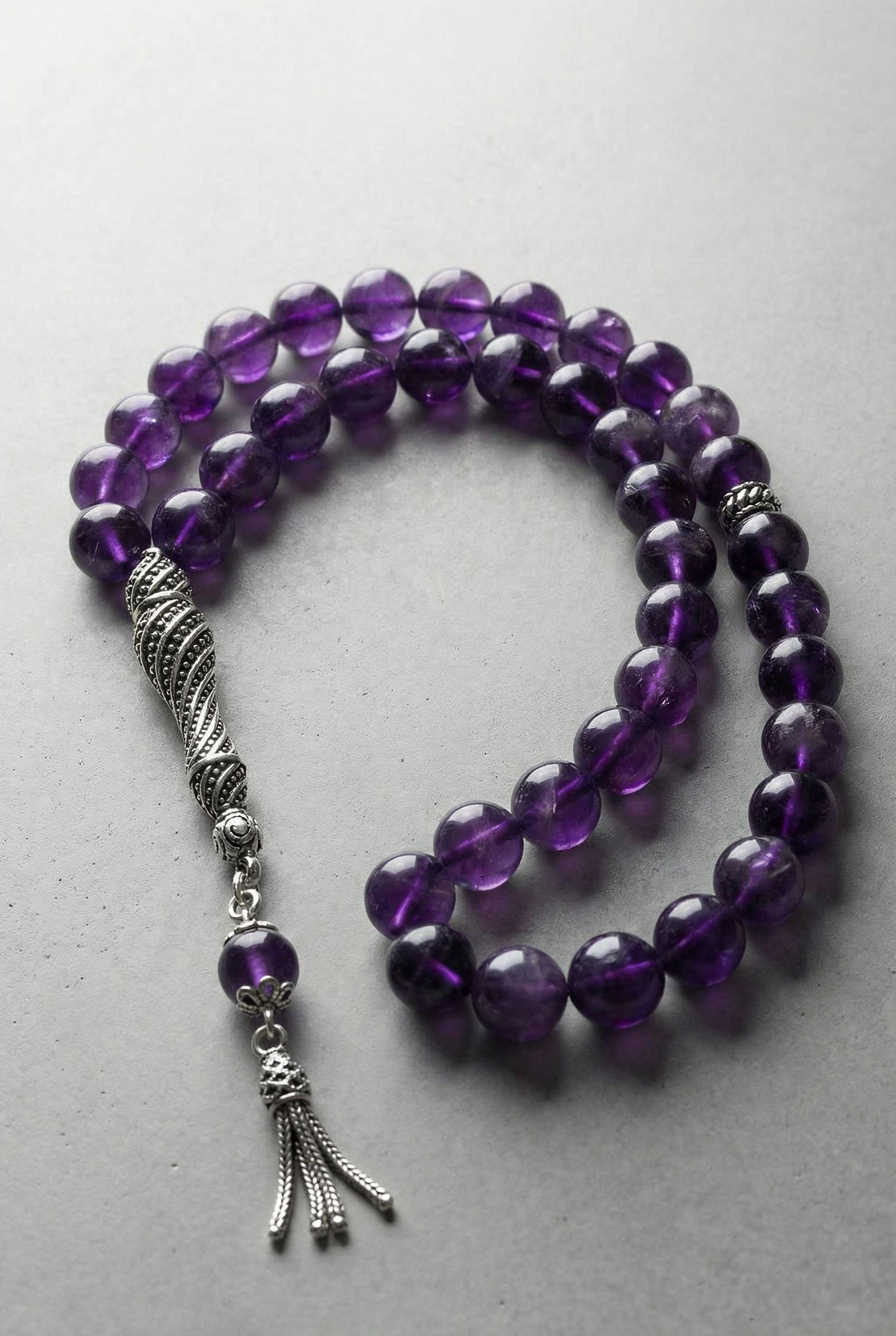 Ametist Doğal Taş Tesbih – 925 Ayar Gümüş – 8 mm Küre Kesim