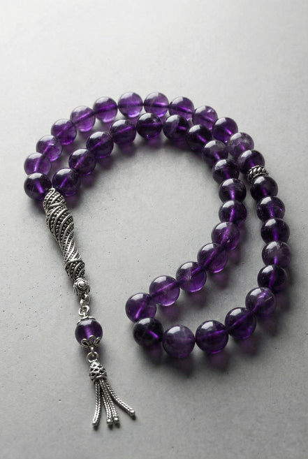 Ametist Doğal Taş Tesbih – 925 Ayar Gümüş – 8 mm Küre Kesim