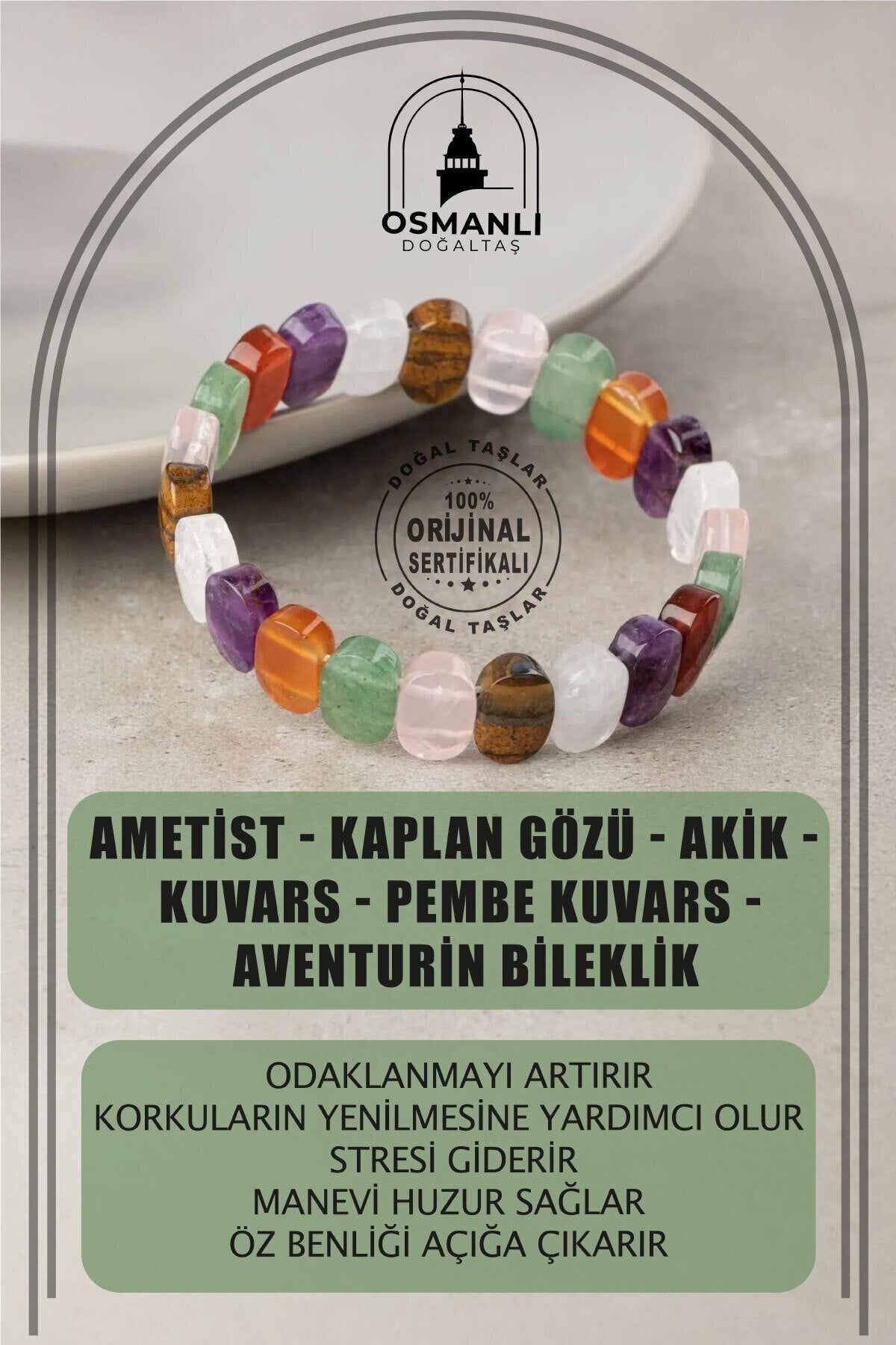 Çakra Bileklik Ametist, Kaplan Gözü, Akik, Kuvars, Pembe Kuvars, Aventurin
