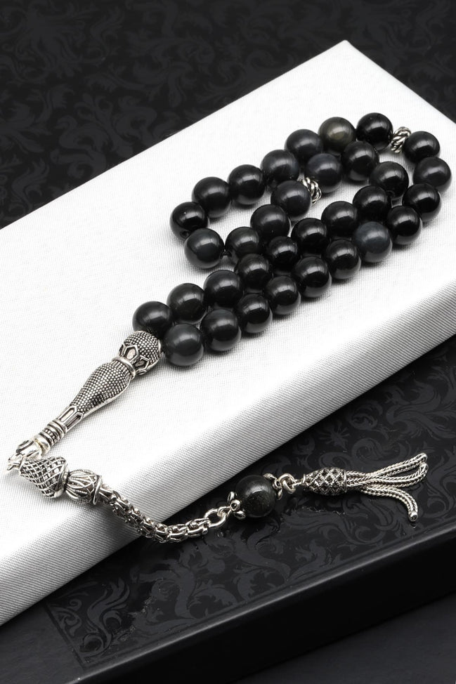 Obsidyen Doğal Taş Tesbih 925 Ayar Gümüş – 8 mm Küre Kesim | 33’lü