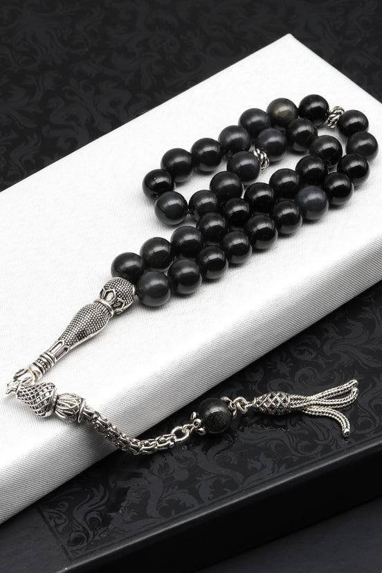 Obsidyen Doğal Taş Tesbih 925 Ayar Gümüş – 8 mm Küre Kesim | 33’lü