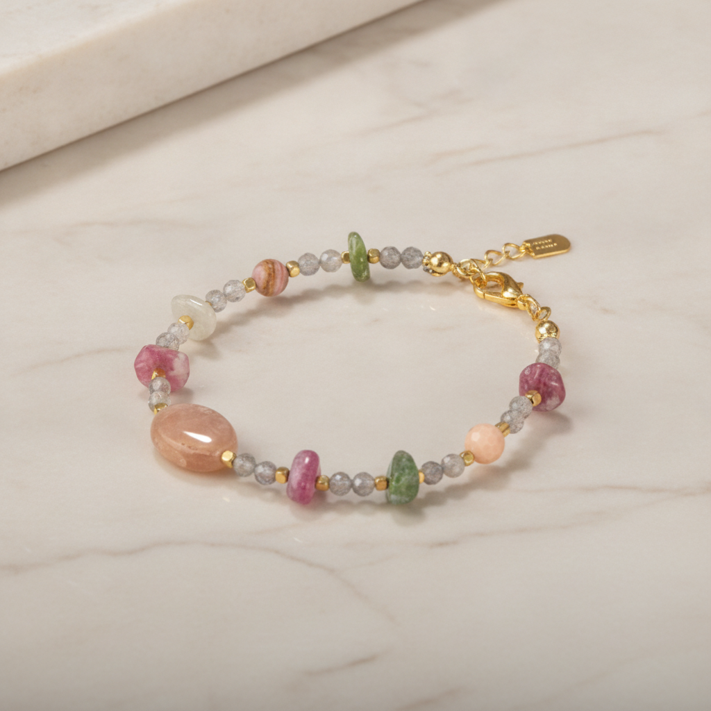 Labradorit-Renkli Turmalin-Güneş Taşı-Pembe Opal Doğal Taş Bileklik