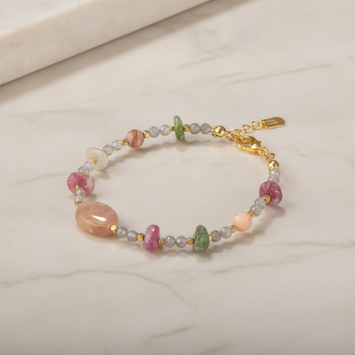 Labradorit-Renkli Turmalin-Güneş Taşı-Pembe Opal Doğal Taş Bileklik