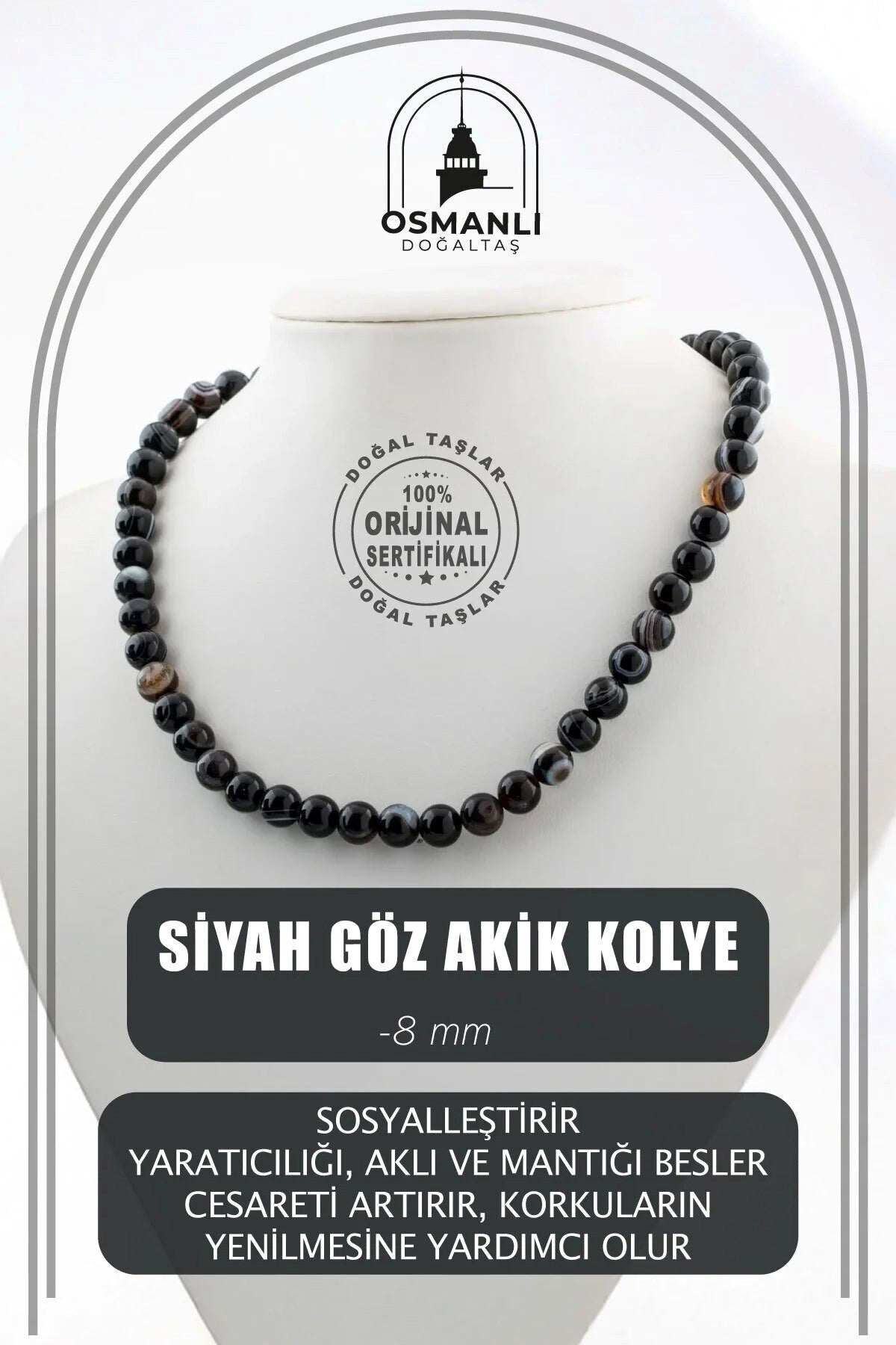 Siyah Göz Akik 8 mm Dizi Doğal Taş Kolye
