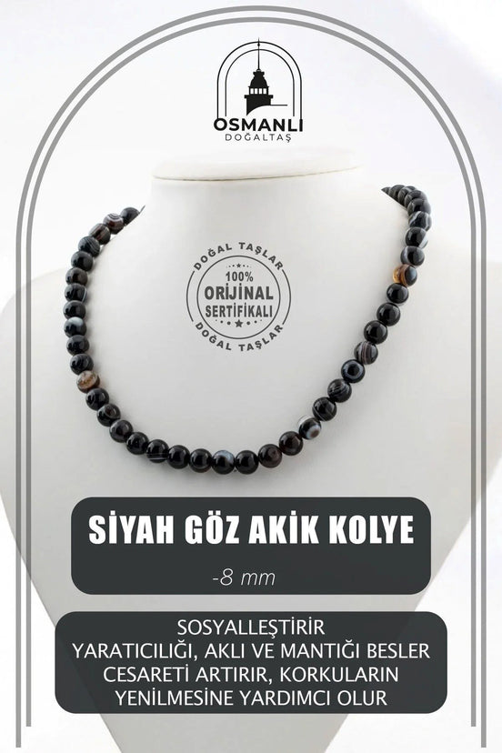 Siyah Göz Akik 8 mm Dizi Doğal Taş Kolye