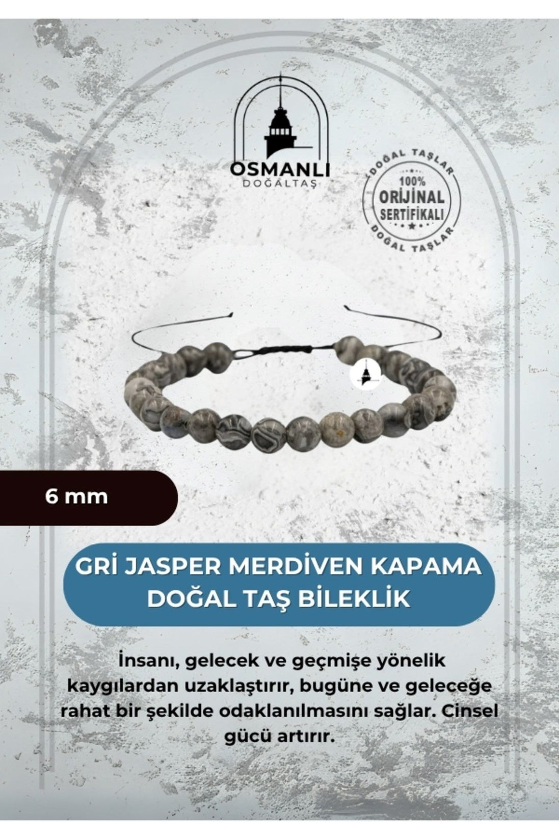 Gri Jasper 6mm Merdiven Kapama Doğal Taş Bileklik