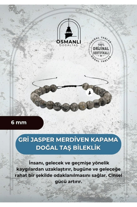 Gri Jasper 6mm Merdiven Kapama Doğal Taş Bileklik
