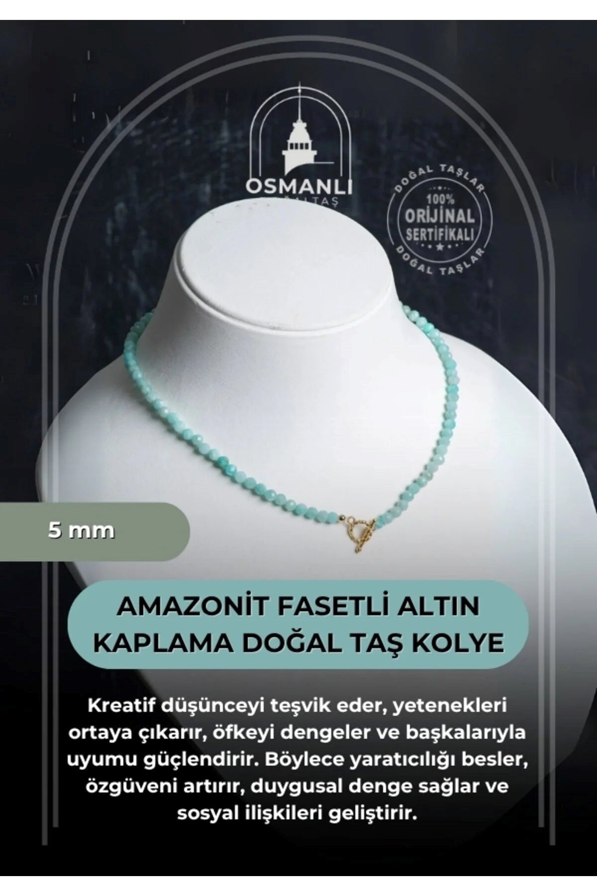 Amazonit  Fasetli Altın Kaplama Doğal Taş Kolye