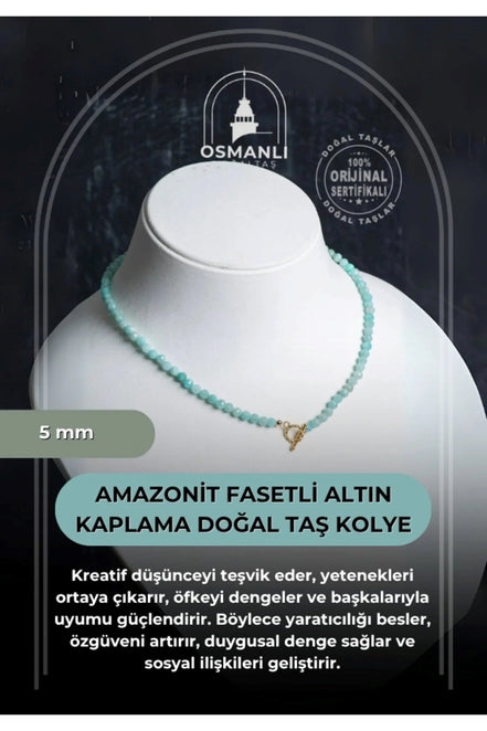 Amazonit  Fasetli Altın Kaplama Doğal Taş Kolye