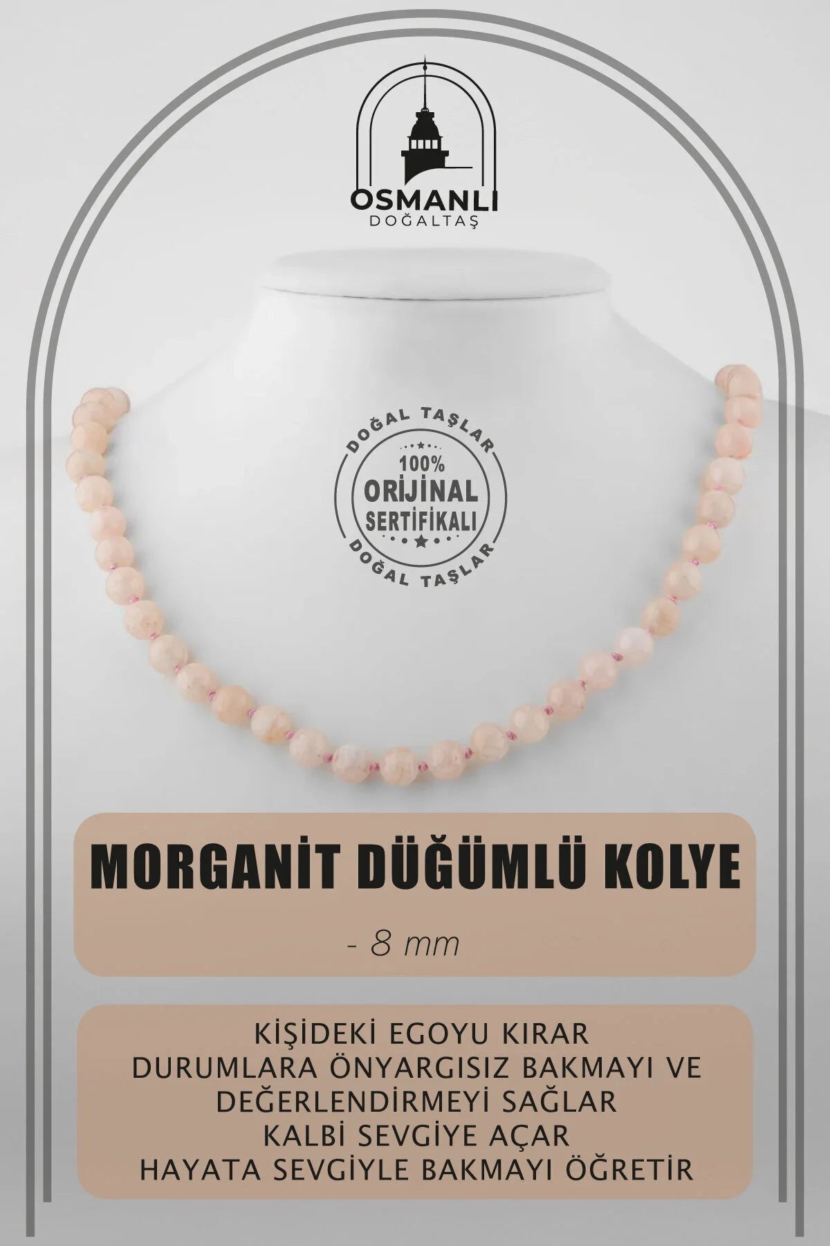 Morganit 8 mm Düğümlü Doğal Taş Kolye