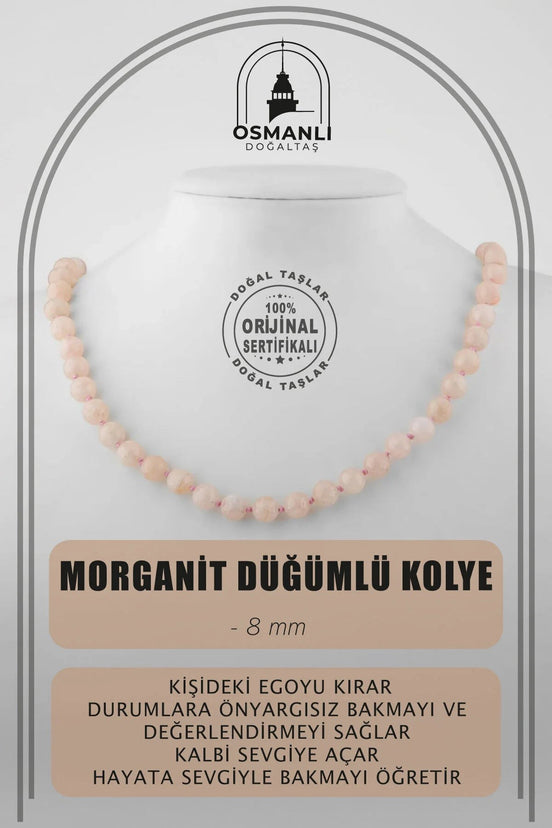 Morganit 8 mm Düğümlü Doğal Taş Kolye