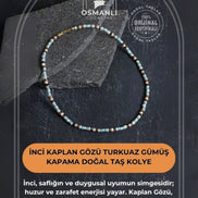 İnci Kaplan Gözü Turkuaz Gümüş Kapama Doğal Taş Kolye