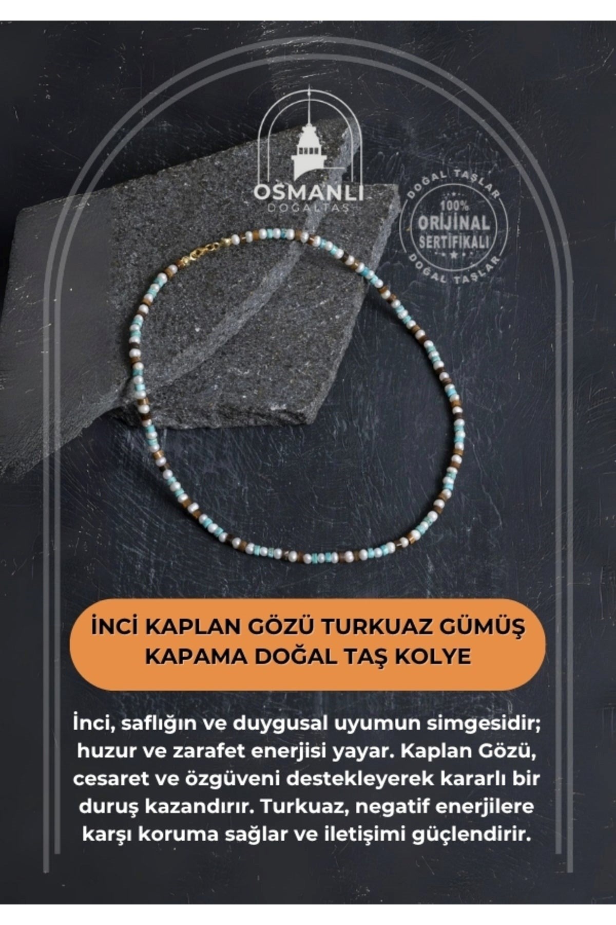 İnci Kaplan Gözü Turkuaz Gümüş Kapama Doğal Taş Kolye