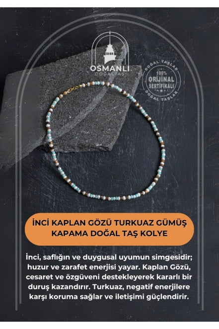 İnci Kaplan Gözü Turkuaz Gümüş Kapama Doğal Taş Kolye