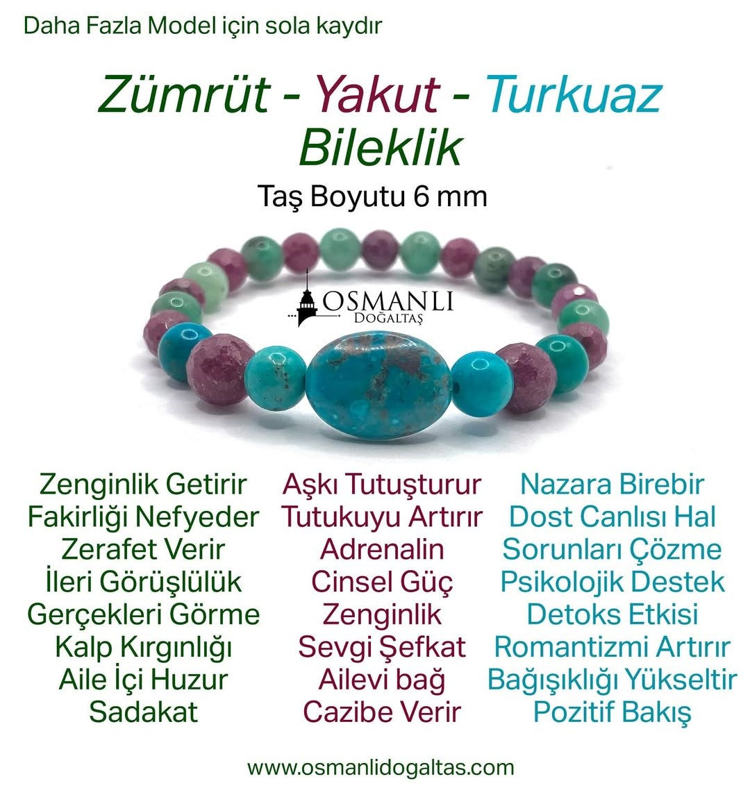 Hakiki Doğal Zümrüt - Yakut - Turkuaz (Firuze) Doğal Taş Misinalı Bileklik Fasetli 6mm