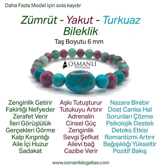 Hakiki Doğal Zümrüt - Yakut - Turkuaz (Firuze) Doğal Taş Misinalı Bileklik Fasetli 6mm