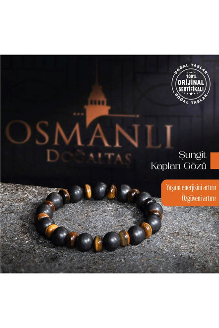 Orijinal Şungit Dar Kesim Kaplan Gözü Doğal Taş Bileklik