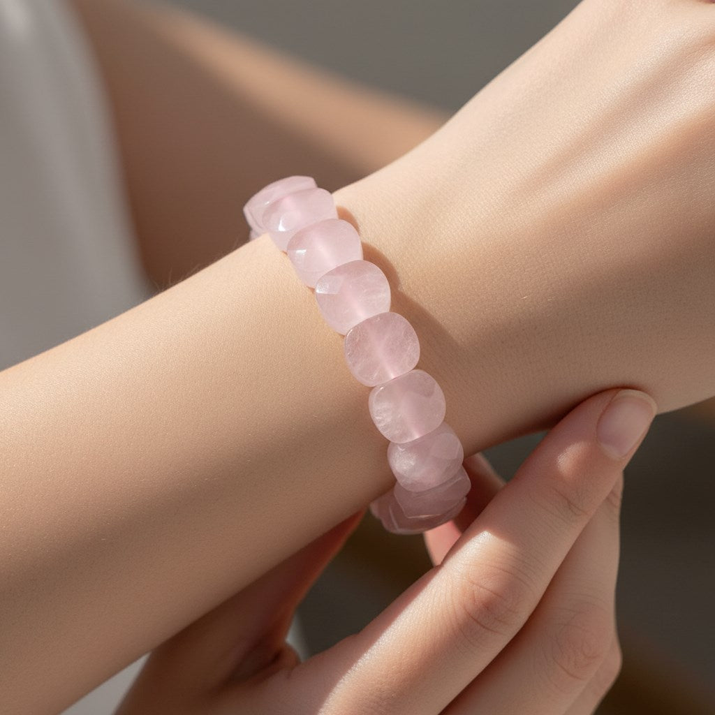 Pembe Kuvars Geniş Kesim Doğal Taş Bileklik