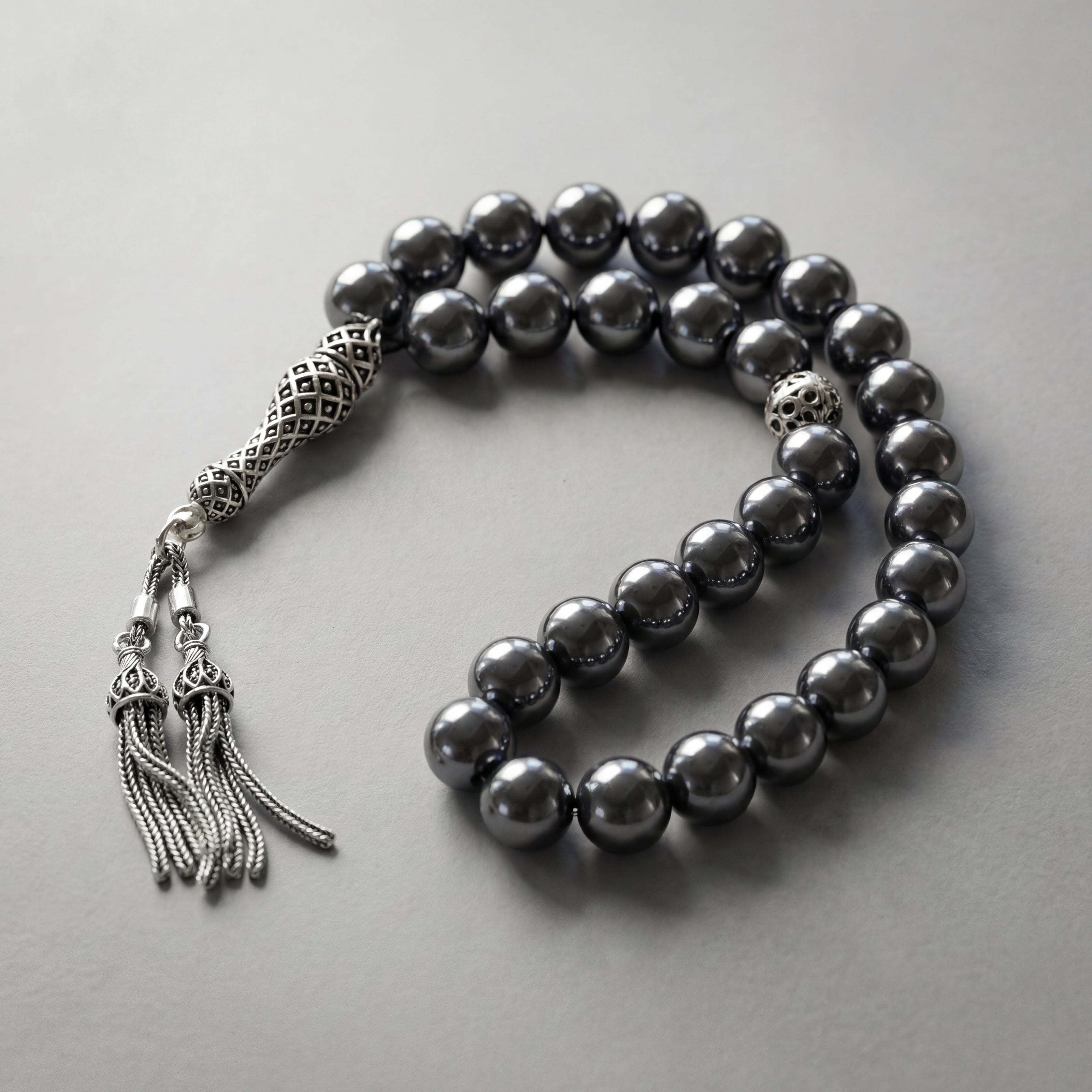 Terahertz Doğal Taş Tesbih – 925 Ayar Gümüş – 10 mm Küre Kesim