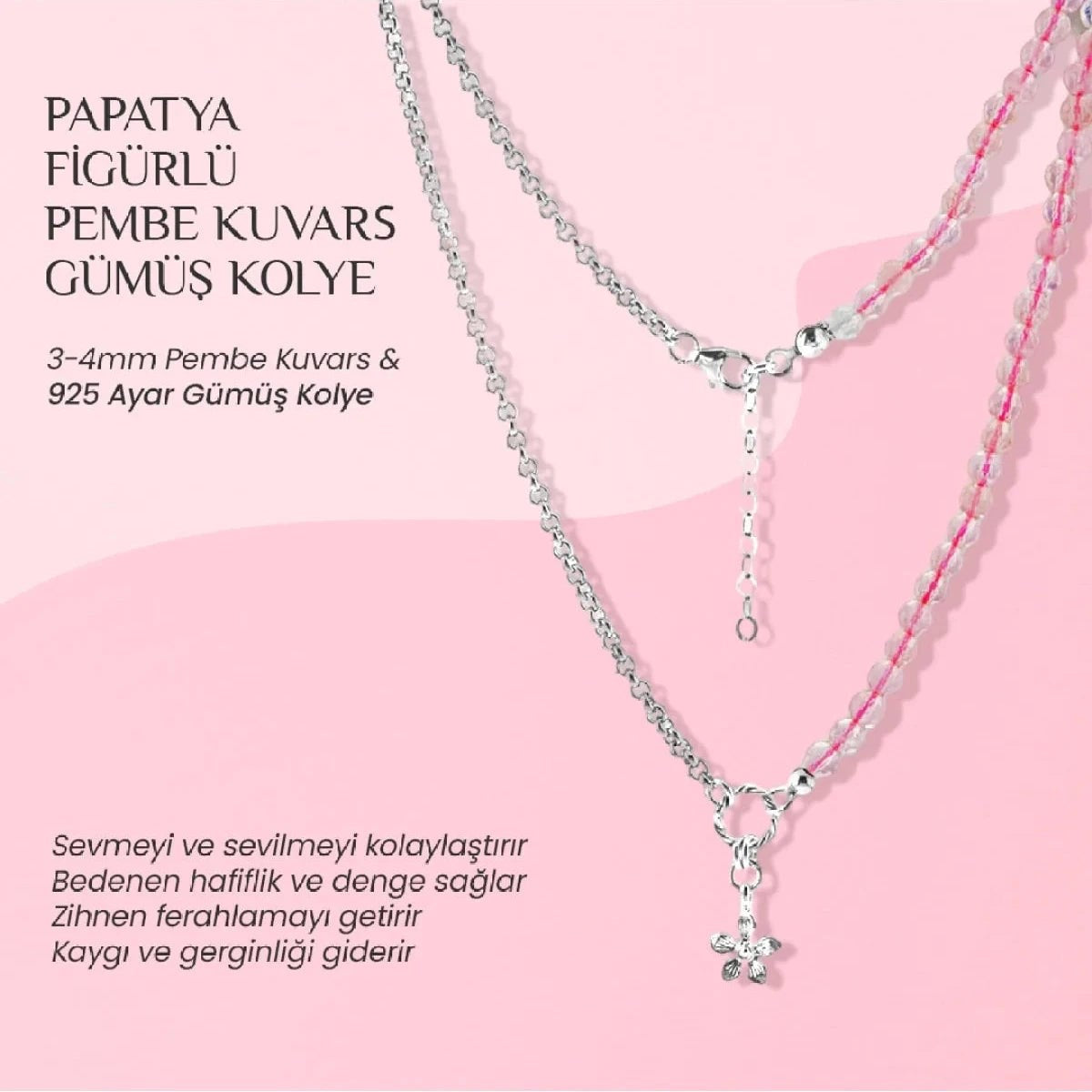 Pembe Kuvars Doğal Taş Gümüş Çiçekli Kolye - 50cm