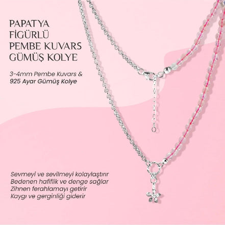 Pembe Kuvars Doğal Taş Gümüş Çiçekli Kolye - 50cm