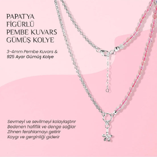 Pembe Kuvars Doğal Taş Gümüş Çiçekli Kolye - 50cm
