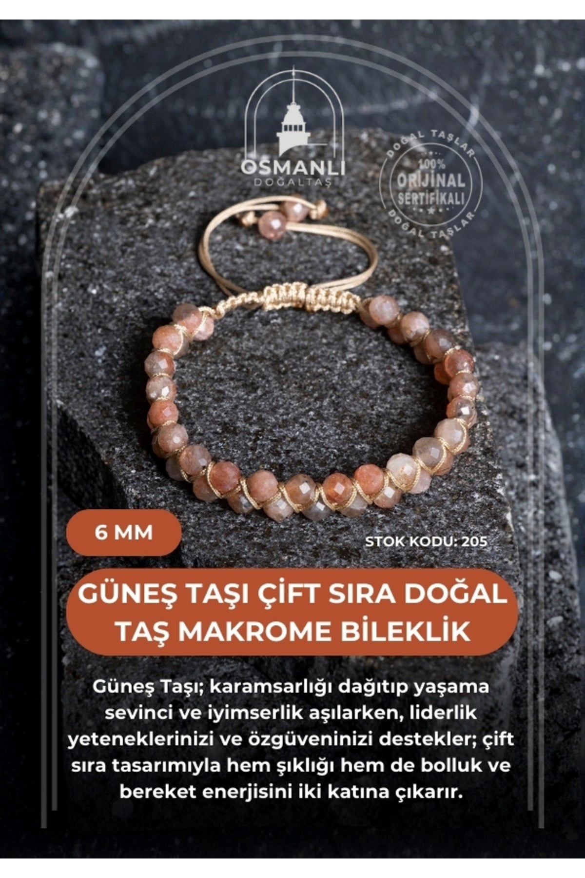Sertifikalı Güneş Taşı Çift Sıra Doğal Taş Makrome Bileklik-6 mm (SK:205)