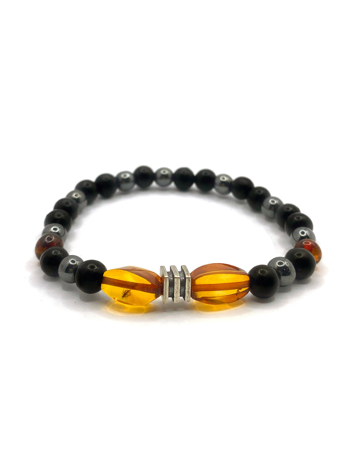 Kehribar, Şungit (Shungite) ve Hematit Doğal Taş Bileklik – 6 mm Misinalı, Unisex Tasarım